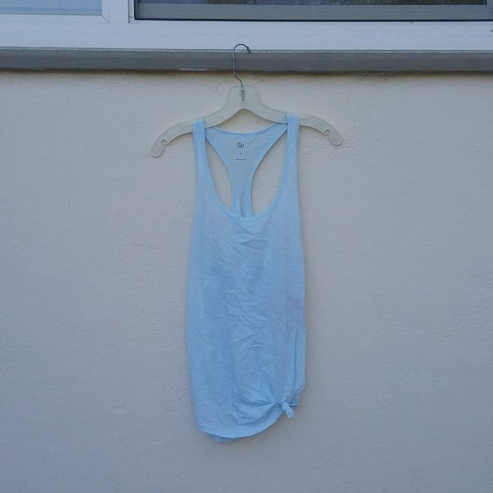 Two NWT Racer Back Knot Front Tanks - Pale Blue & Charcoal Gray Size M